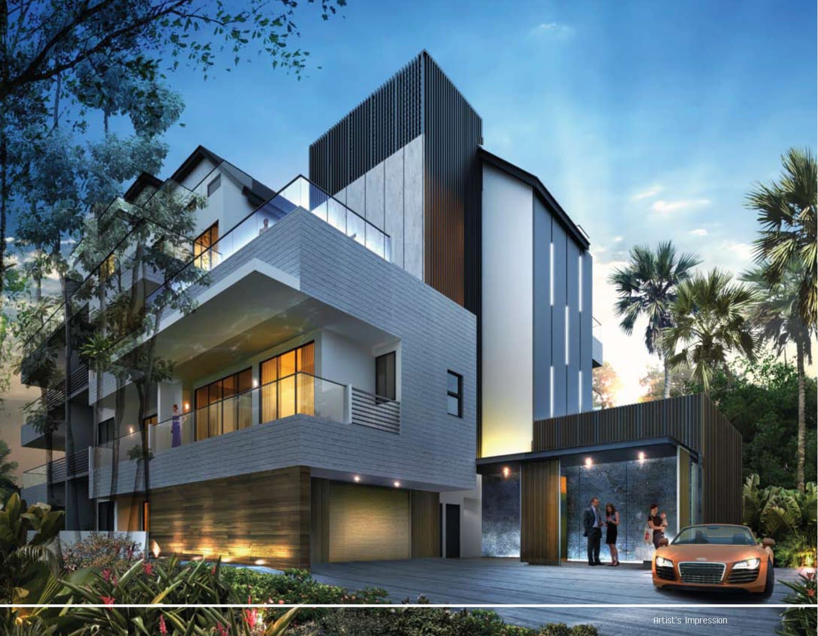 Daisy Suites: a 5-storey block with an attic, timber and stone facade and the drop-off at Daisy Road