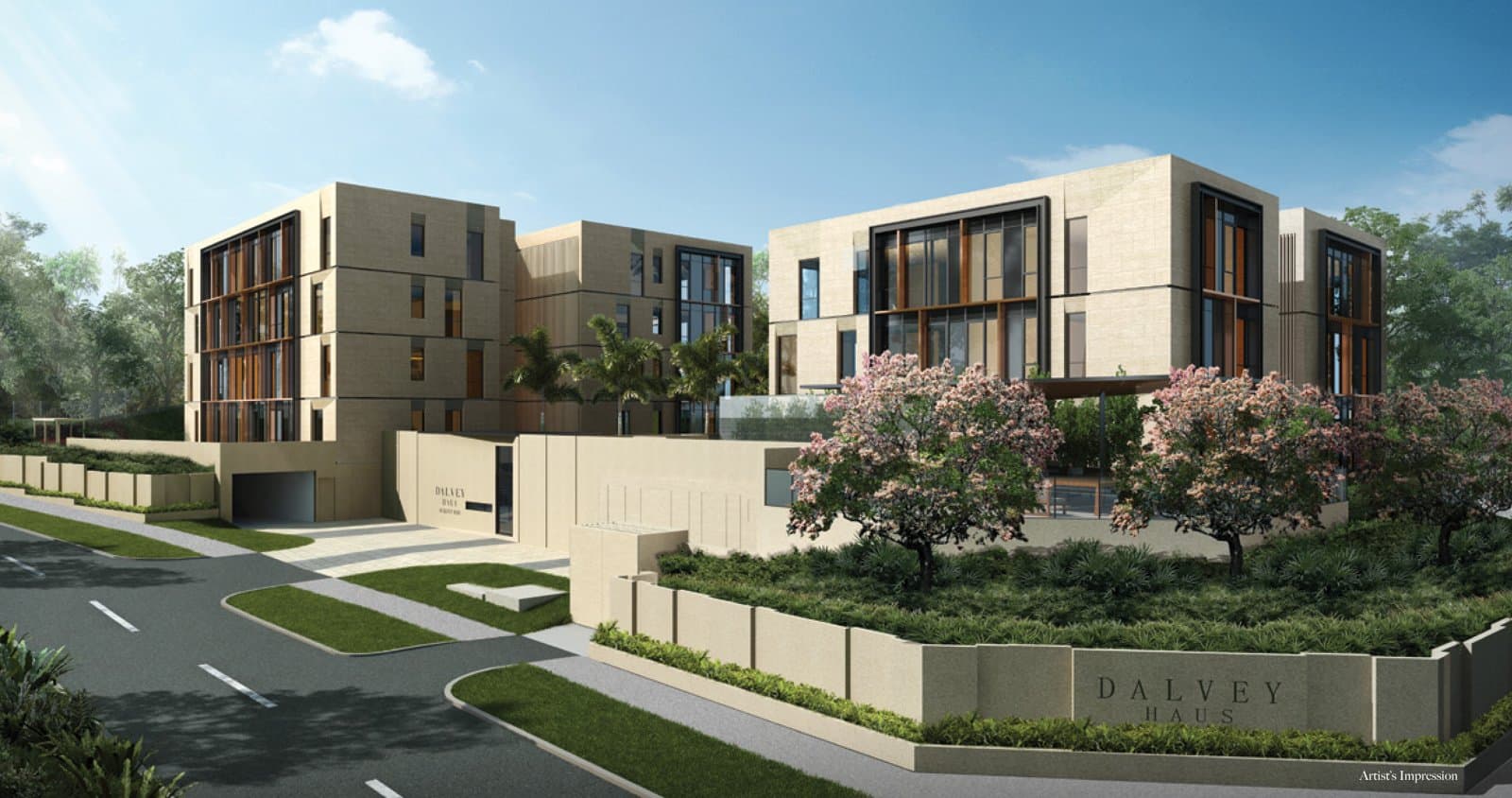 Dalvey Haus: the two low-rise stone-clad blocks behind the Dalvey Road entrance wall