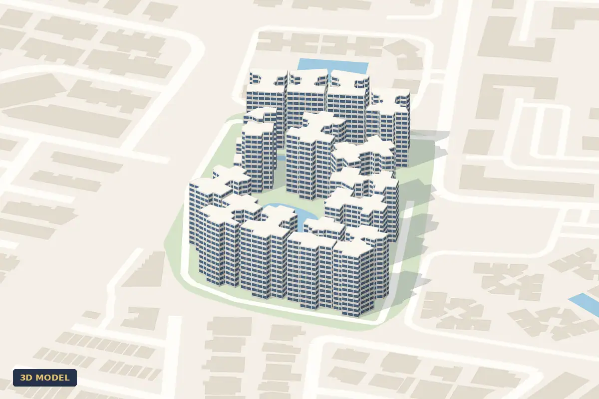 3D model of Double Bay Residences: the fourteen blocks around the lagoon pool at Simei Street 4