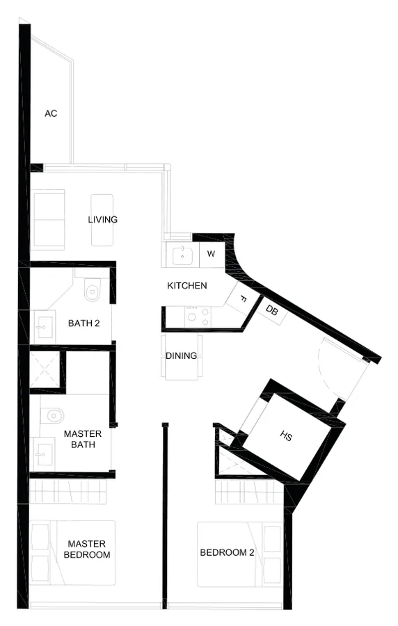 Floor plan of Duet @ Emily type B1, 2-Bedroom Deluxe (B1), 678 sq ft