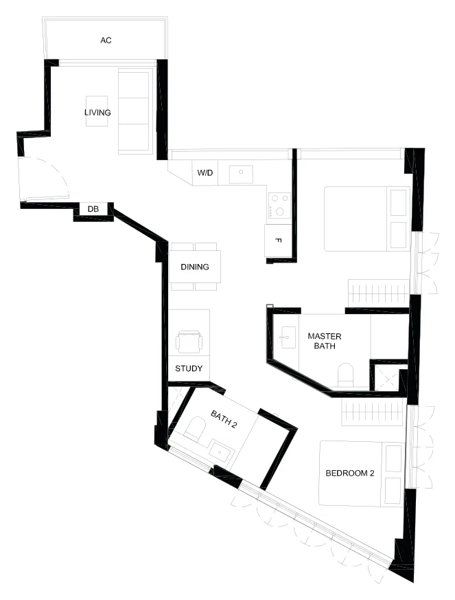 Floor plan of Duet @ Emily type B4, 2-Bedroom Deluxe (B4), 667 sq ft