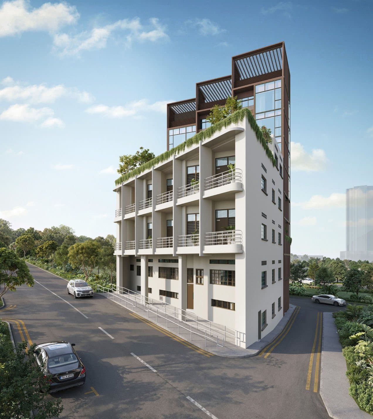 Artist's impression of Duet @ Emily from Mount Emily Road: the white conserved building with balconies in front, the taller new annex with timber screens behind