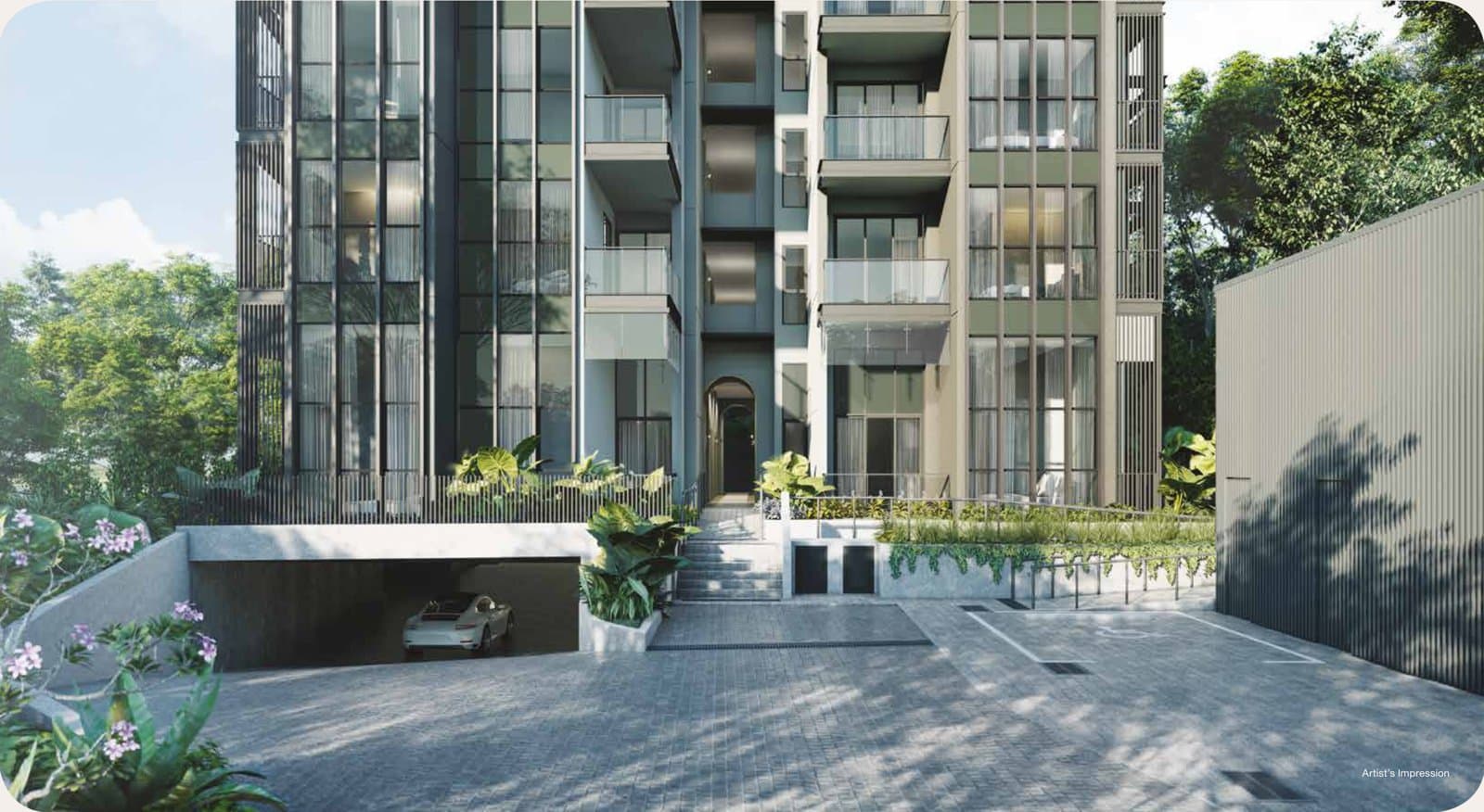 Dunearn 386: the five-storey block and its driveway entrance, framed by trees