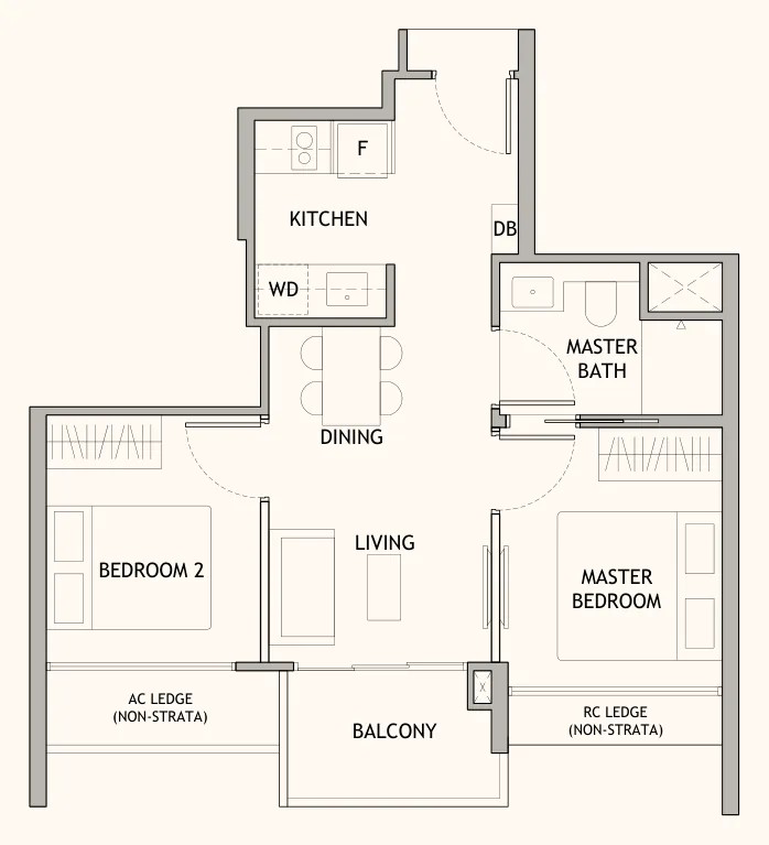 Floor plan of Dunearn House type B1, 2-Bedroom, 527 sq ft