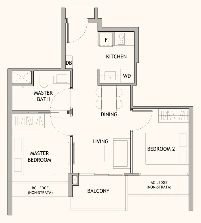Floor plan of Dunearn House type B1a, 2-Bedroom, 527 sq ft