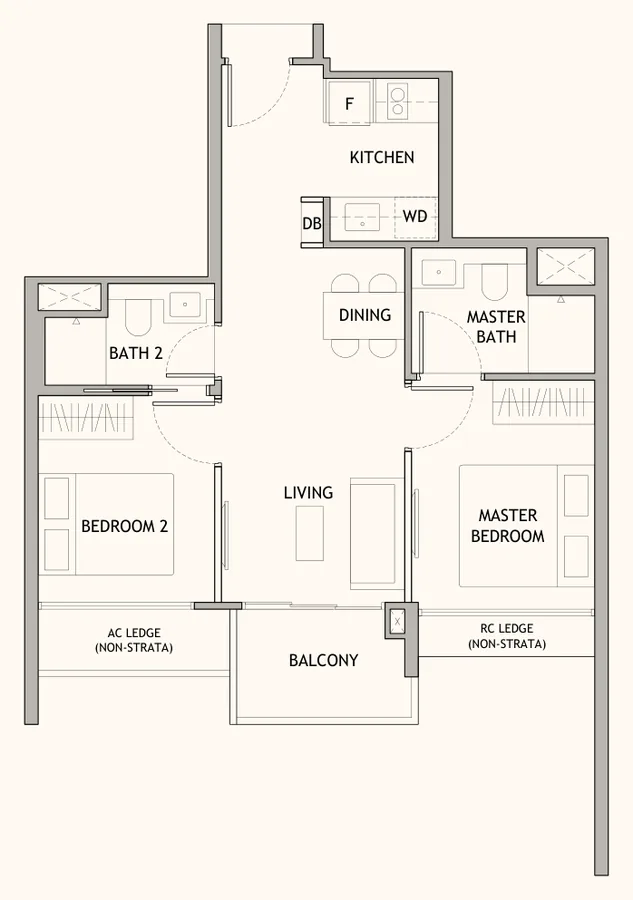 Floor plan of Dunearn House type BP1, 2-Bedroom Premium, 614 sq ft
