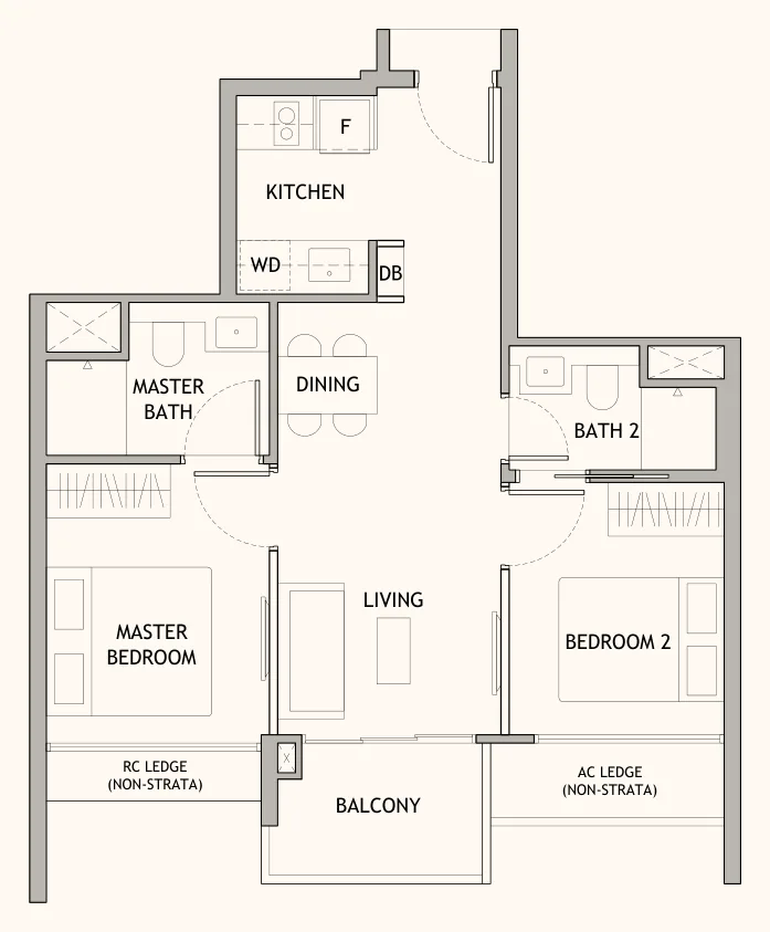 Floor plan of Dunearn House type BP1a, 2-Bedroom Premium, 614 sq ft
