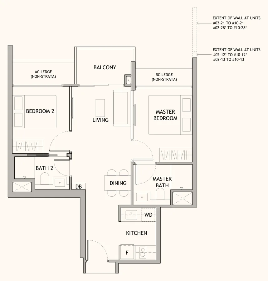 Floor plan of Dunearn House type BP2, 2-Bedroom Premium, 614 sq ft