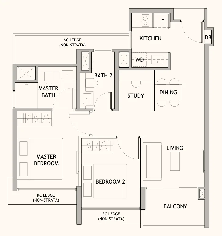 Floor plan of Dunearn House type BS1, 2-Bedroom + Study, 657 sq ft