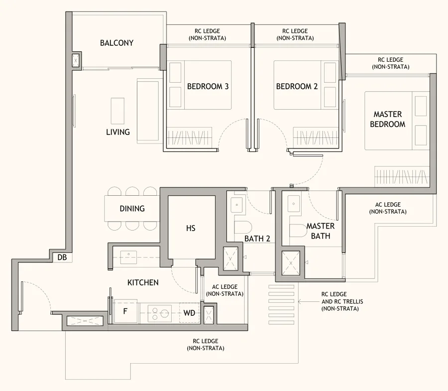 Floor plan of Dunearn House type C1, 3-Bedroom, 872 sq ft