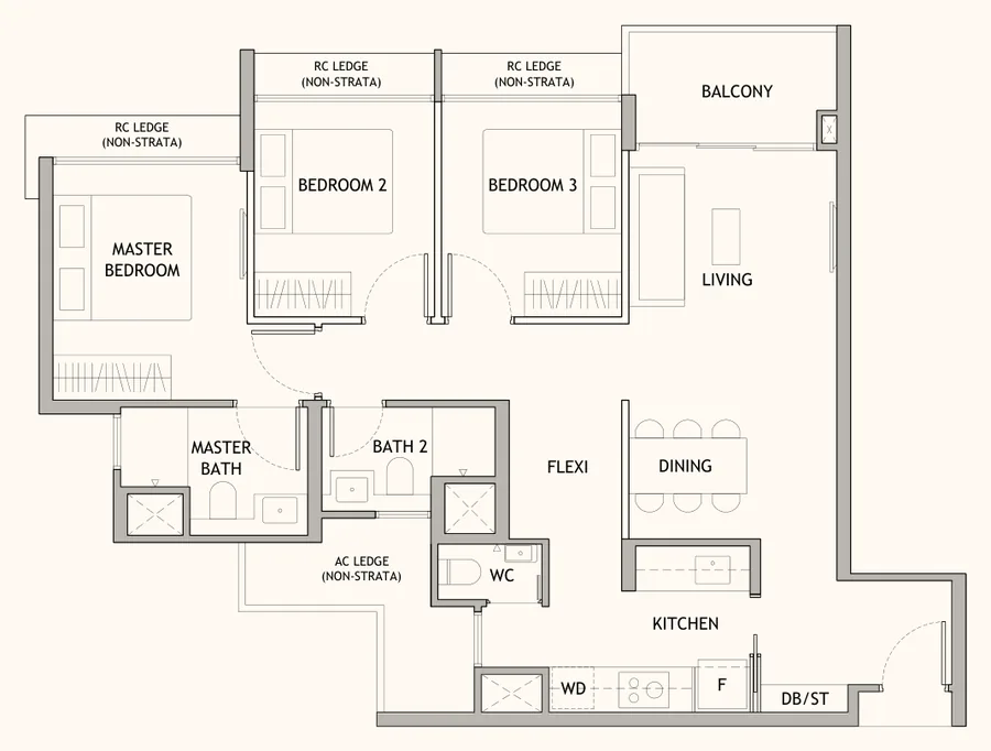 Floor plan of Dunearn House type C2, 3-Bedroom + Flexi, 936 sq ft