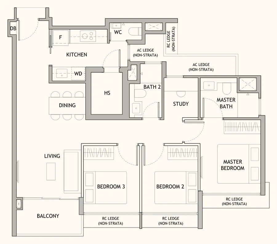 Floor plan of Dunearn House type CS1, 3-Bedroom + Study, 947 sq ft