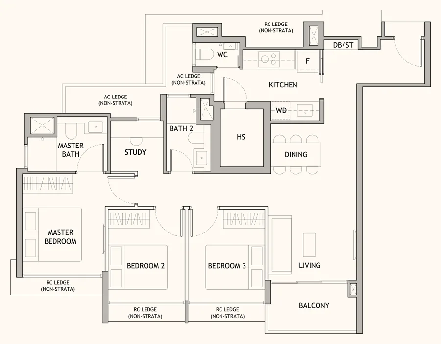 Floor plan of Dunearn House type CS2, 3-Bedroom + Study, 969 sq ft