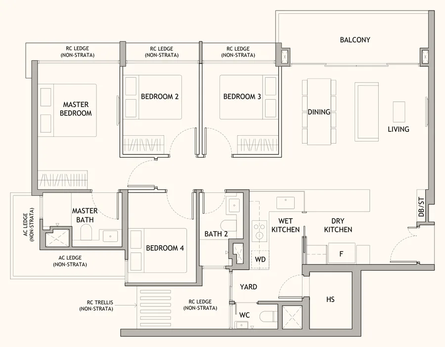 Floor plan of Dunearn House type D1, 4-Bedroom, 1,184 sq ft