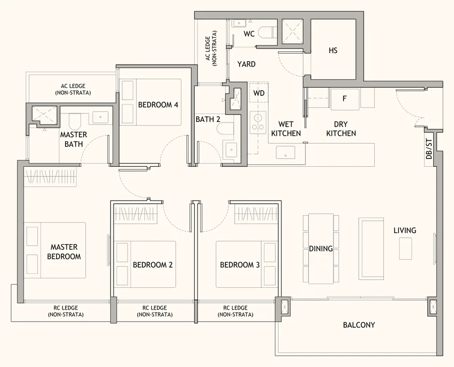 Floor plan of Dunearn House type D2, 4-Bedroom, 1,184 sq ft
