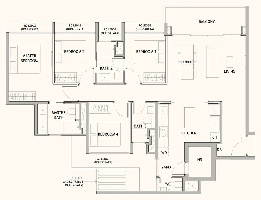 Floor plan of Dunearn House type DP1, 4-Bedroom Premium, 1,302 sq ft