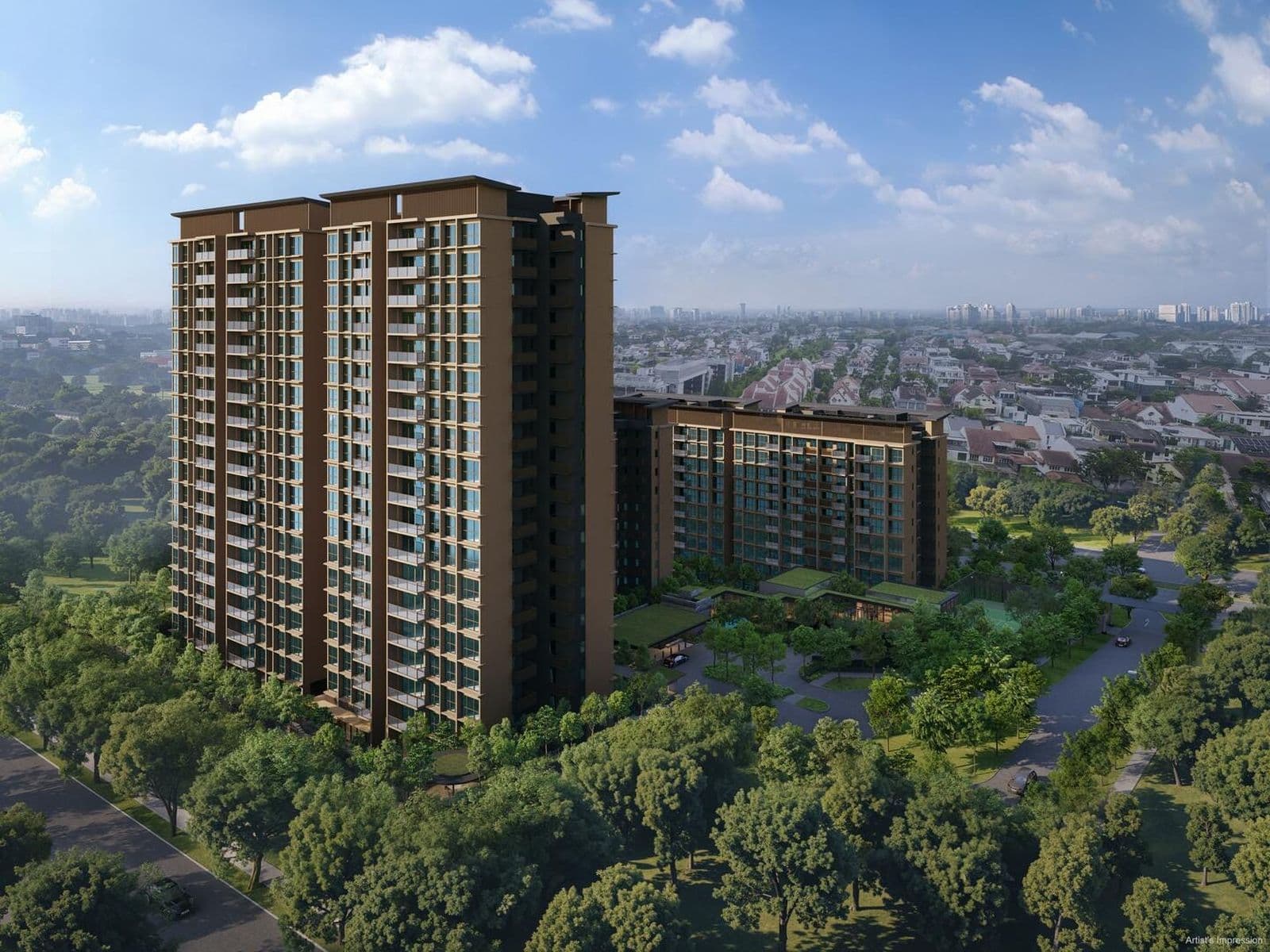 Artist's impression of Dunearn House from the air: a 19-storey tower in front and a 10-storey block behind it, among the trees along Dunearn Road