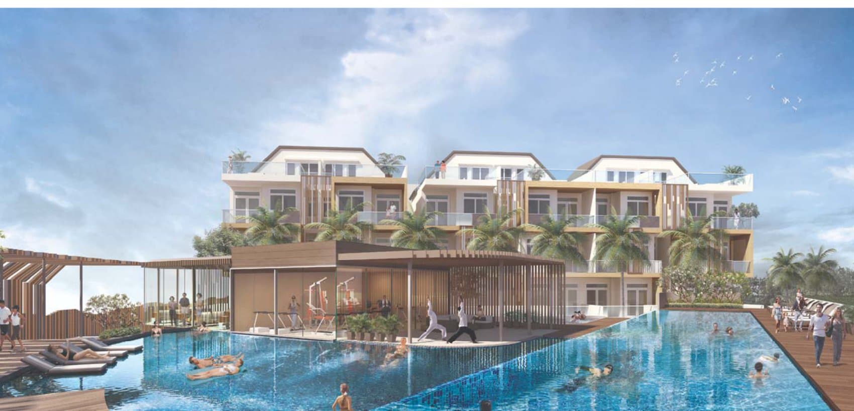 East Village: the low-rise blocks with their roof terraces above the long pool and pool deck