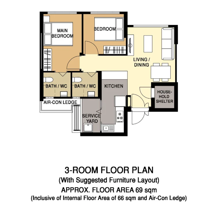 HDB floor plan of a 3-room flat at EastGlen @ Canberra, about 69 sqm