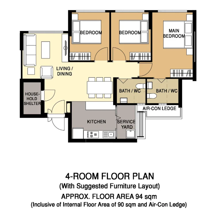 HDB floor plan of a 4-room flat at EastGlen @ Canberra, about 93 sqm