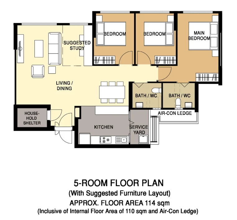 HDB floor plan of a 5-room flat at EastGlen @ Canberra, about 114 sqm