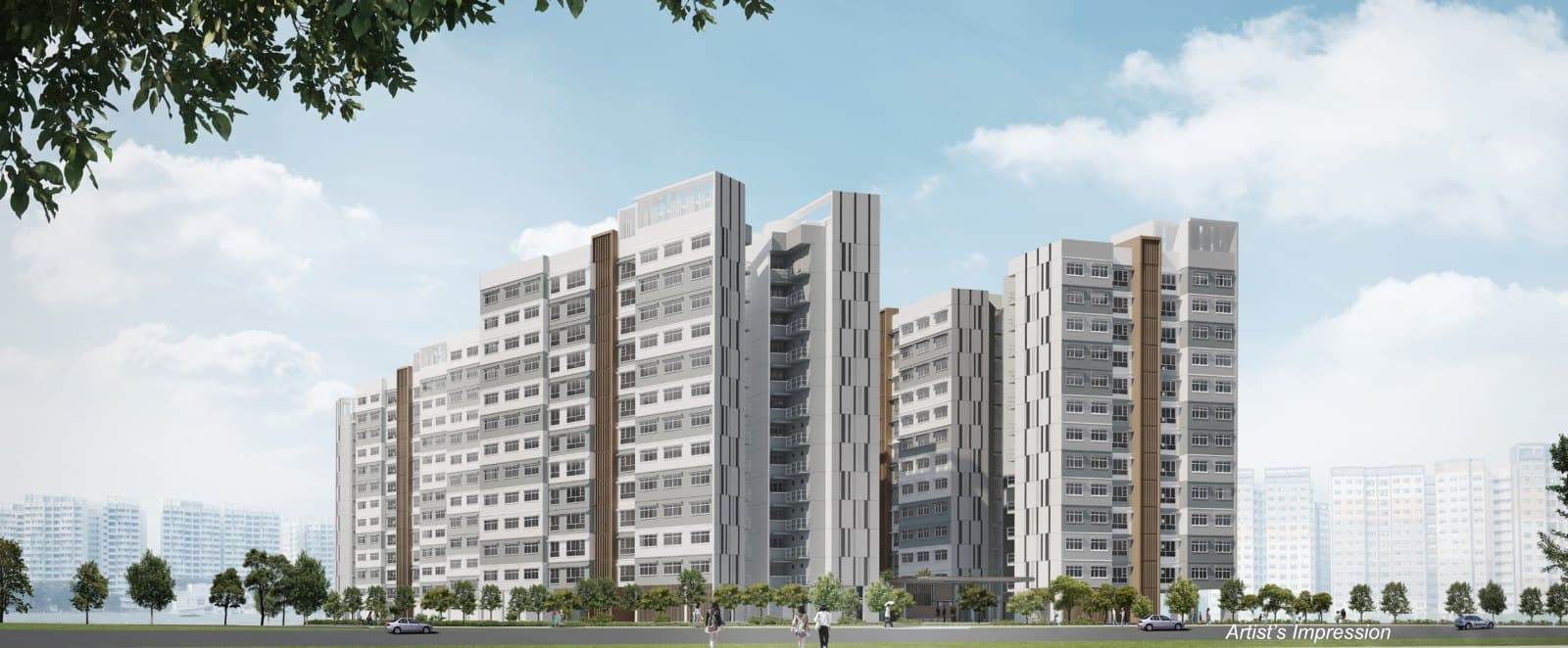 Artist’s impression of EastGlen @ Canberra: 13-storey white and grey HDB blocks with timber-toned vertical panels, seen from the road