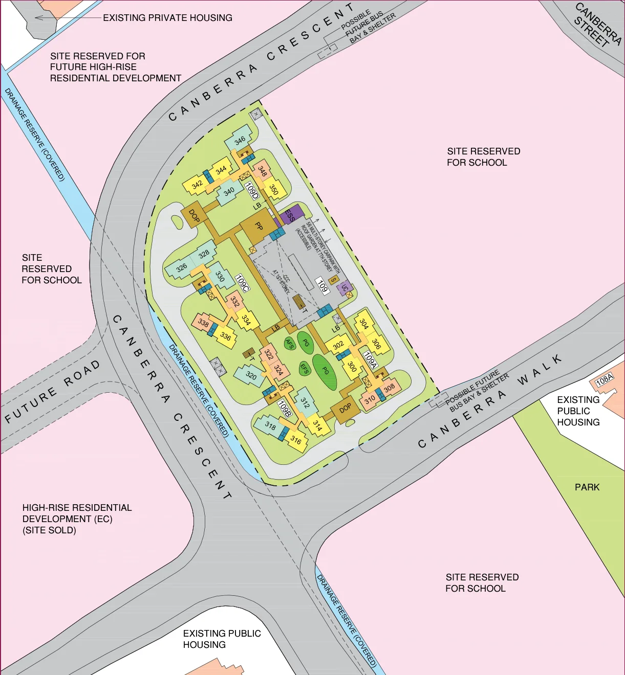 HDB site plan of EastGlen @ Canberra, blocks 109A, 109B, 109C and 109D