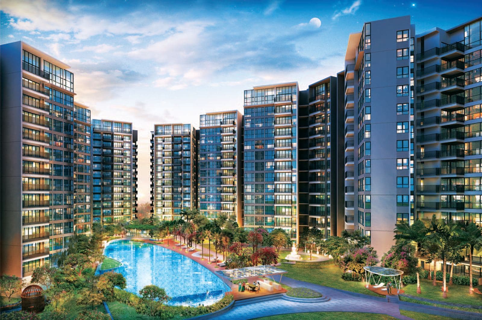 Artist's impression of Eight Courtyards: the towers around the pool at dusk