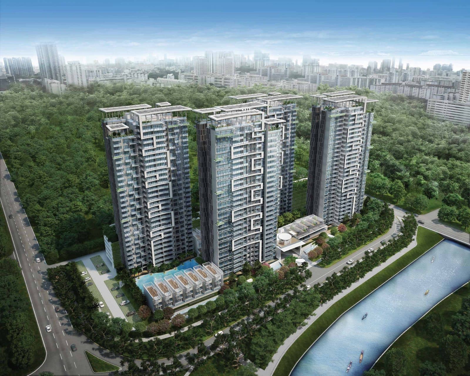 Artist's impression of Eight Riversuites: four towers above the strata terrace houses and pool, beside the Kallang River at Whampoa East