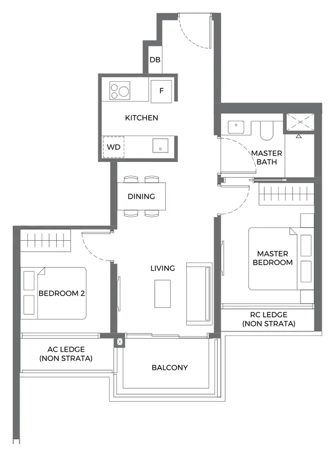 Floor plan of Elta type B2, 2-Bedroom, 614 sq ft