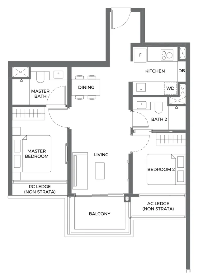 Floor plan of Elta type B3p, 2-Bedroom Premium, 700 sq ft