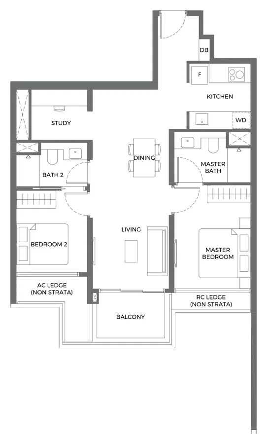 Floor plan of Elta type B5s, 2-Bedroom + Study, 807 sq ft