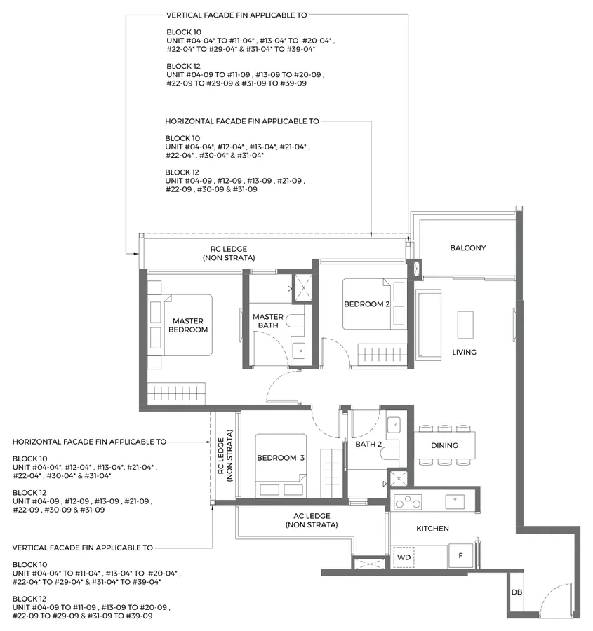 Floor plan of Elta type C1, 3-Bedroom, 926 sq ft
