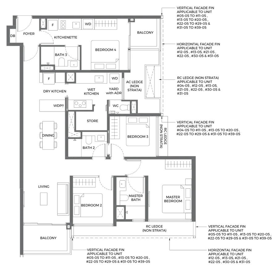Floor plan of Elta type D3k, 4-Bedroom Dual Key, 1,313 sq ft