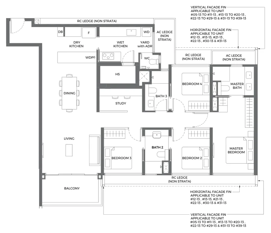 Floor plan of Elta type D4s, 4-Bedroom + Study, 1,507 sq ft