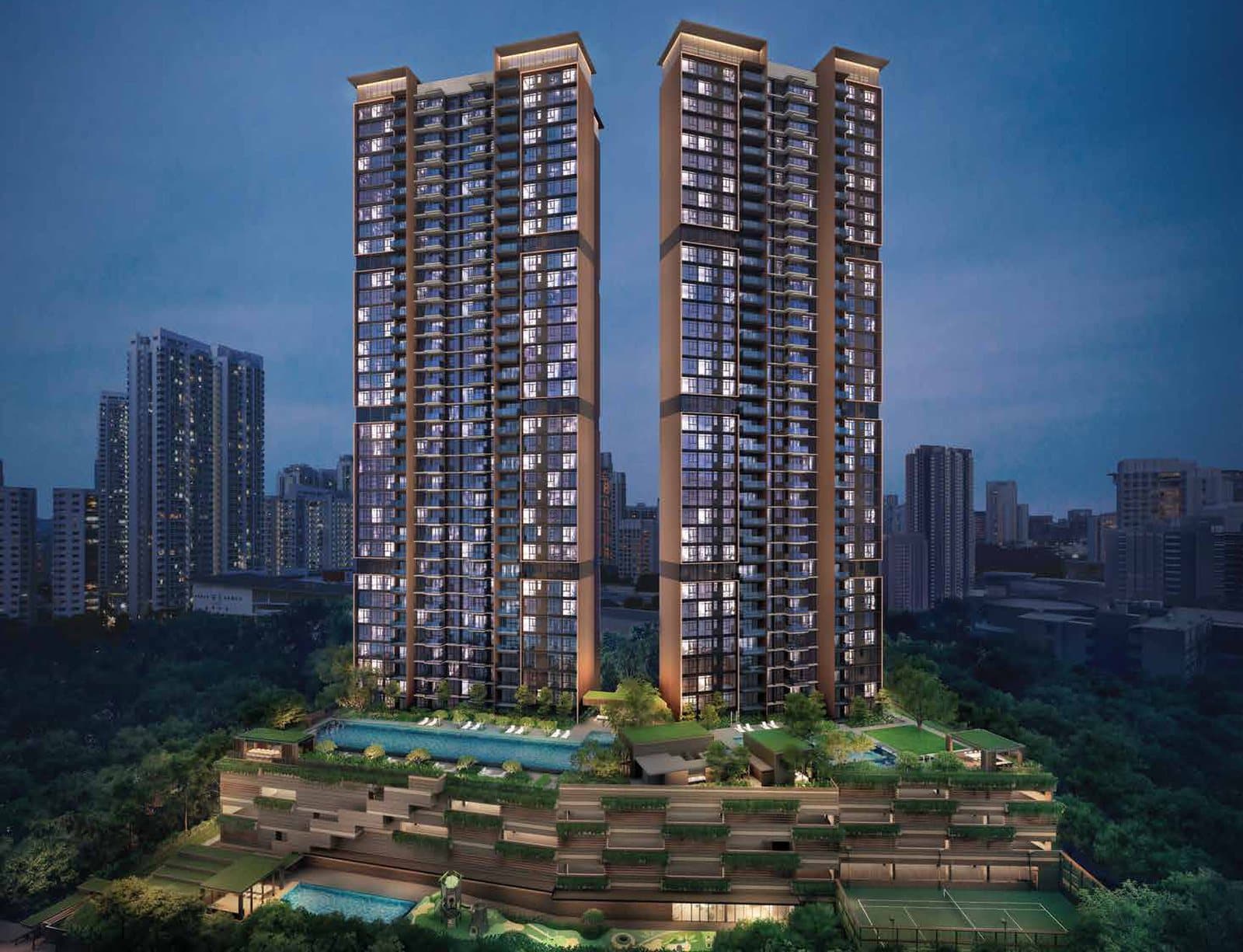 Artist's impression of the two 39-storey towers of ELTA at dusk, above the pool deck and the terraced garden decks