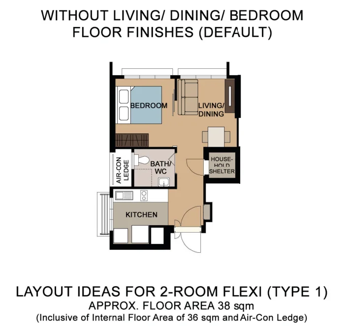 HDB floor plan of a 2-room Flexi flat at Eunos Court, about 38 sqm