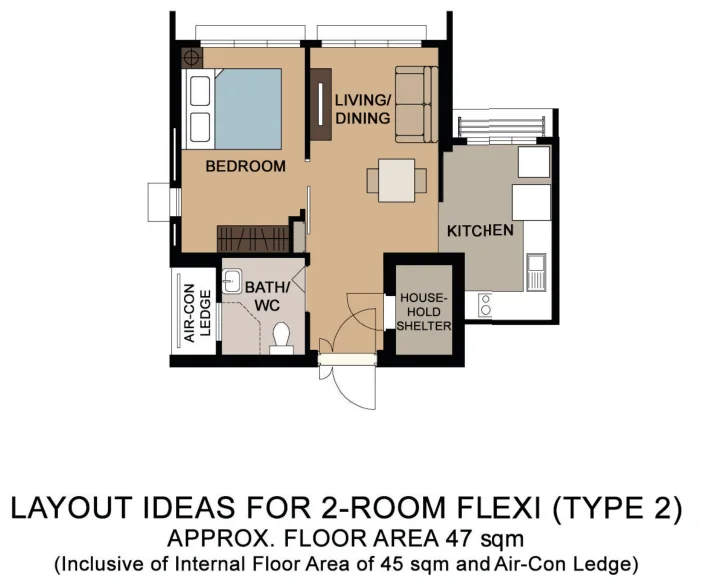 HDB floor plan of a 2-room Flexi flat at Eunos Court, about 47 sqm