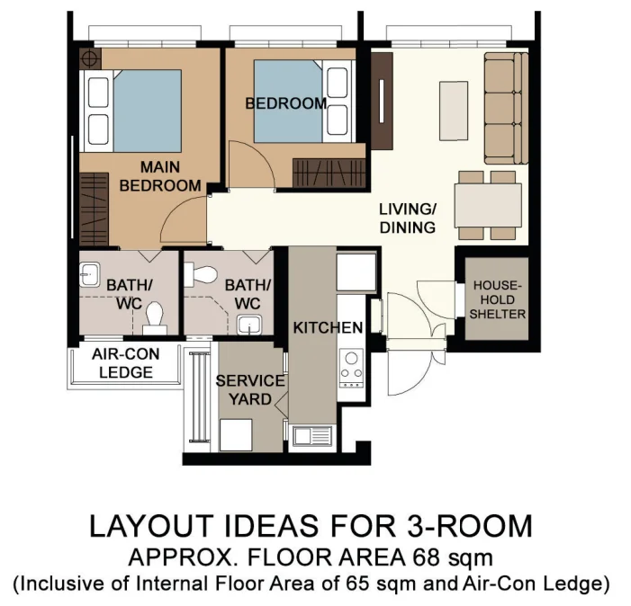 HDB floor plan of a 3-room flat at Eunos Court, about 68 sqm