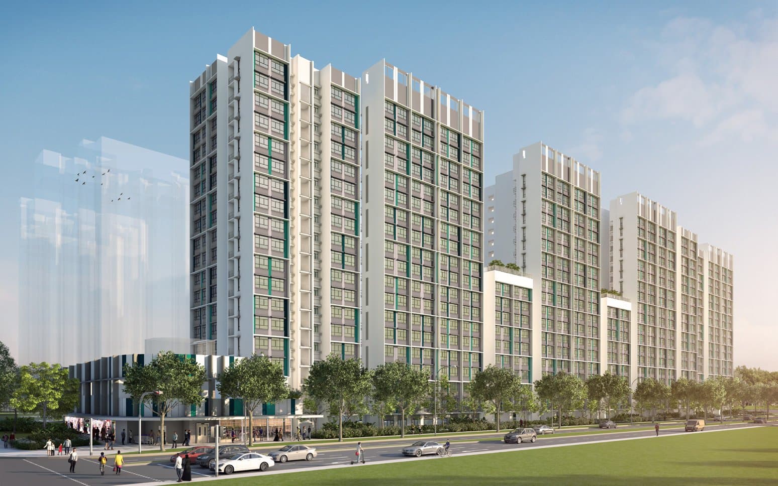 Artist’s impression of Eunos Court: tall white HDB blocks with grey and green panels above a tree-lined road