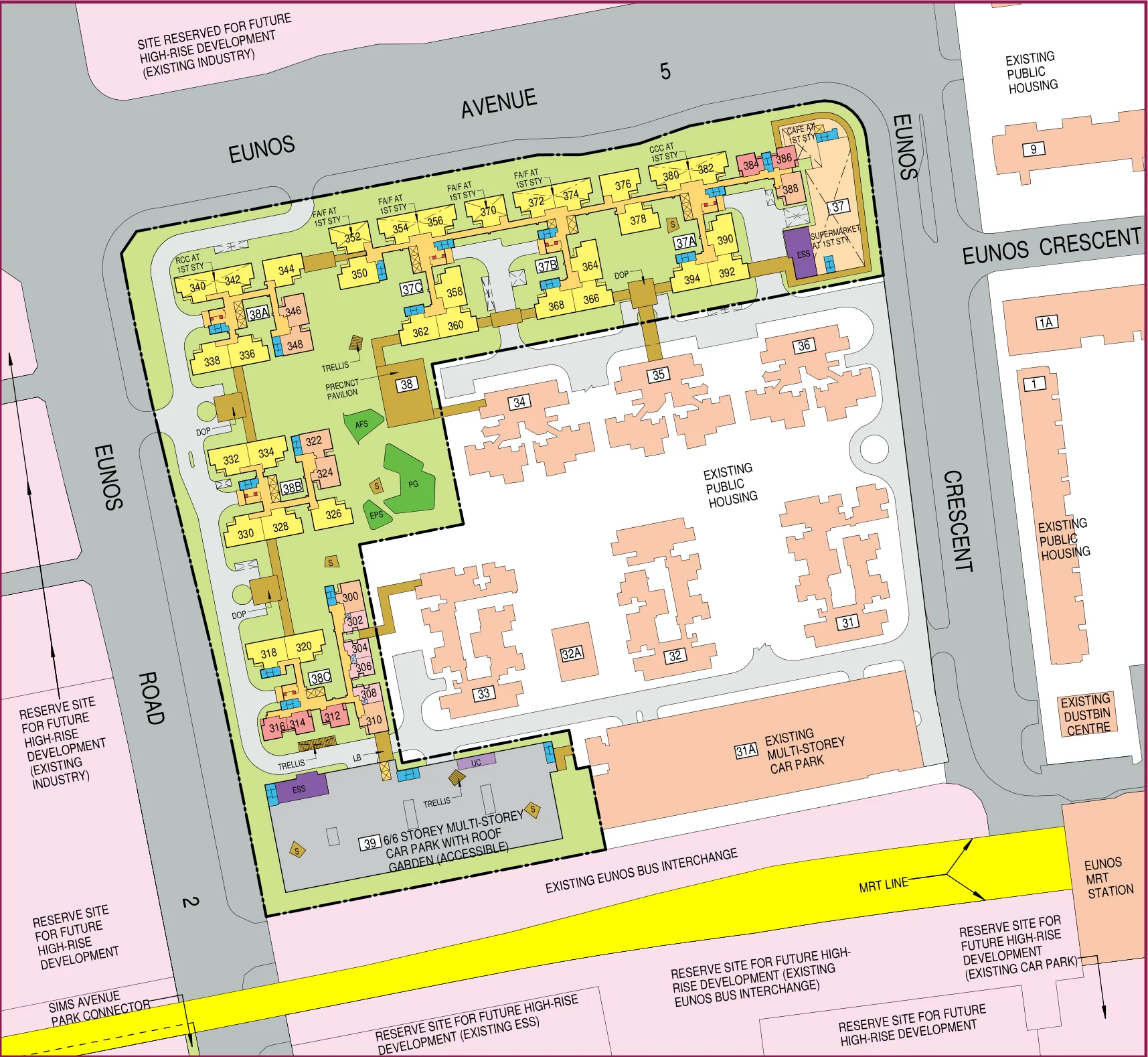 HDB site plan of Eunos Court, blocks 37A, 37B, 37C, 38A, 38B and 38C