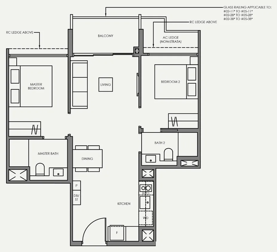 Floor plan of Faber Residence type B1, 2-Bedroom, 646 sq ft