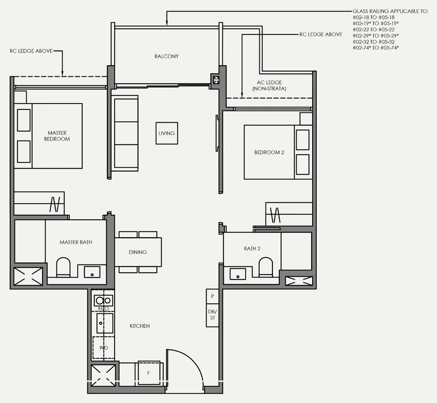 Floor plan of Faber Residence type B3, 2-Bedroom, 646 sq ft