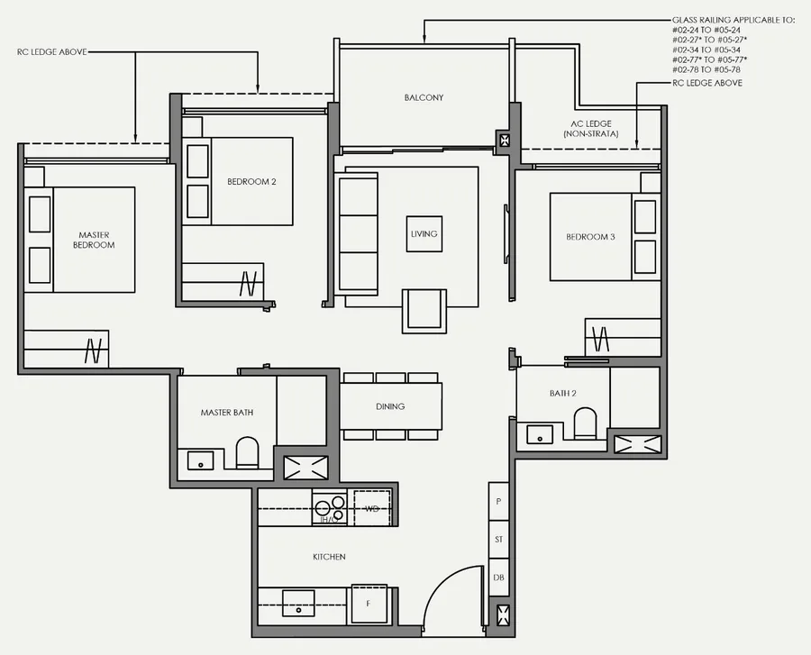 Floor plan of Faber Residence type C1, 3-Bedroom (Basic), 797 sq ft