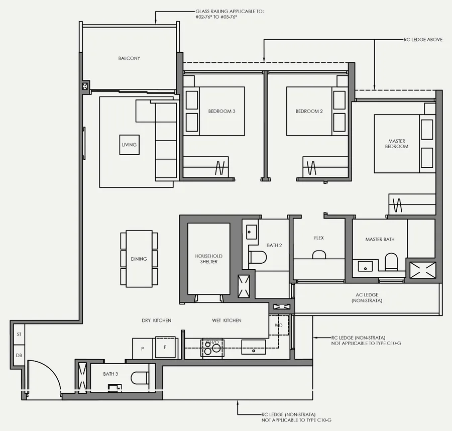 Floor plan of Faber Residence type C10, 3-Bedroom (Plus), 1,033 sq ft