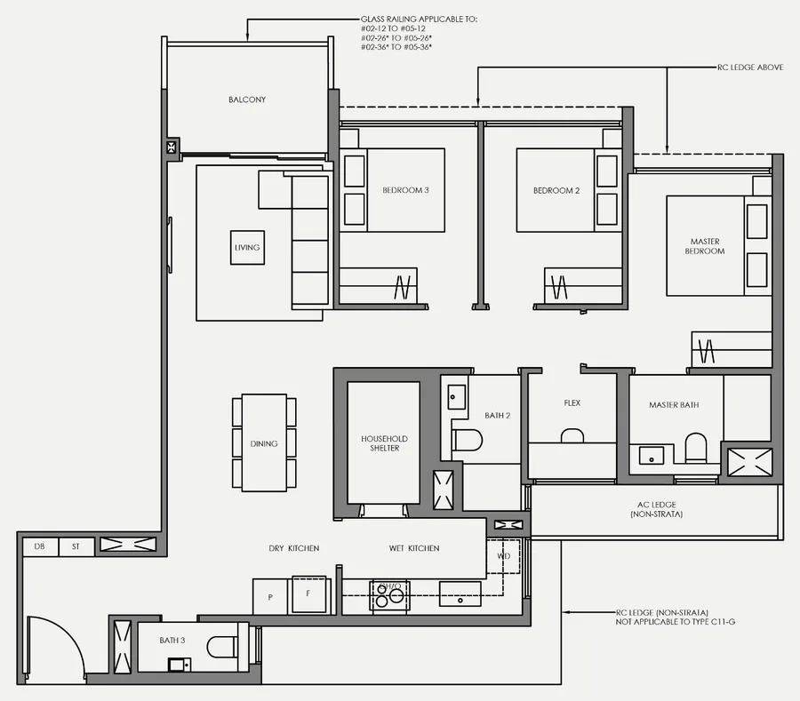 Floor plan of Faber Residence type C11, 3-Bedroom (Plus), 1,044 sq ft