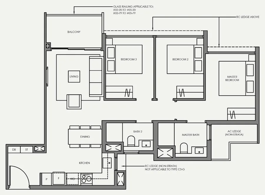 Floor plan of Faber Residence type C3, 3-Bedroom (Basic), 818 sq ft