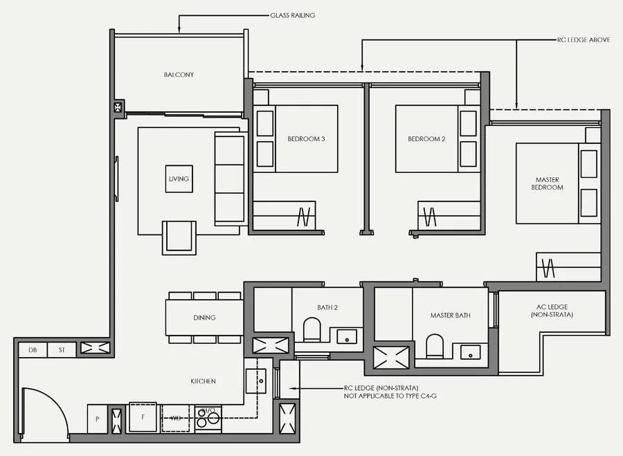 Floor plan of Faber Residence type C4, 3-Bedroom (Basic), 818 sq ft
