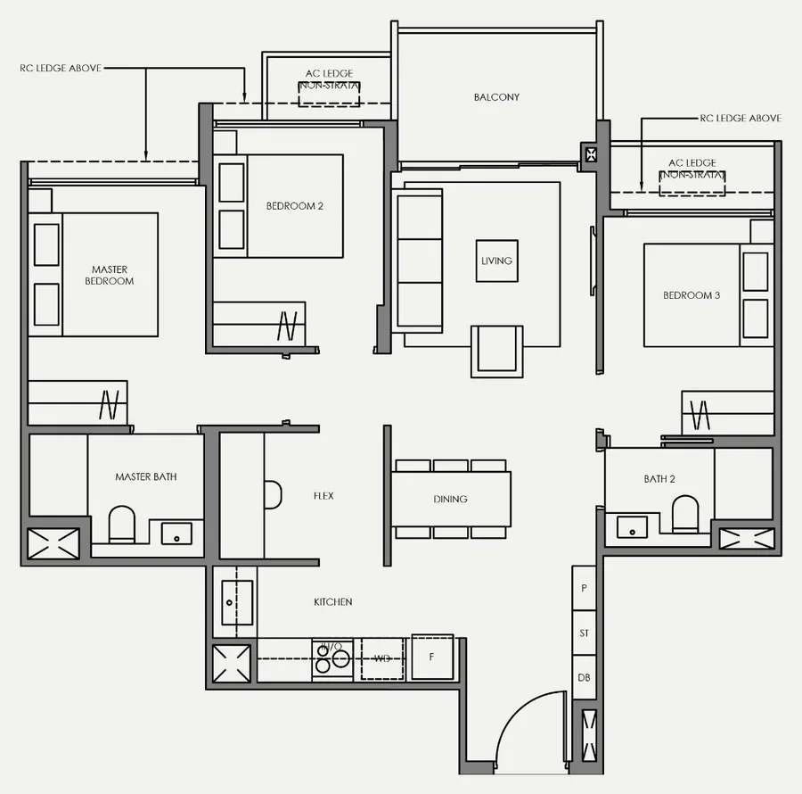 Floor plan of Faber Residence type C7, 3-Bedroom (Standard), 861 sq ft
