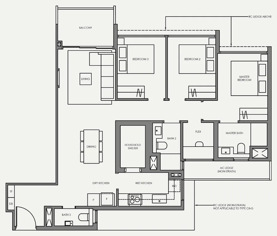 Floor plan of Faber Residence type C8, 3-Bedroom (Plus), 1,033 sq ft